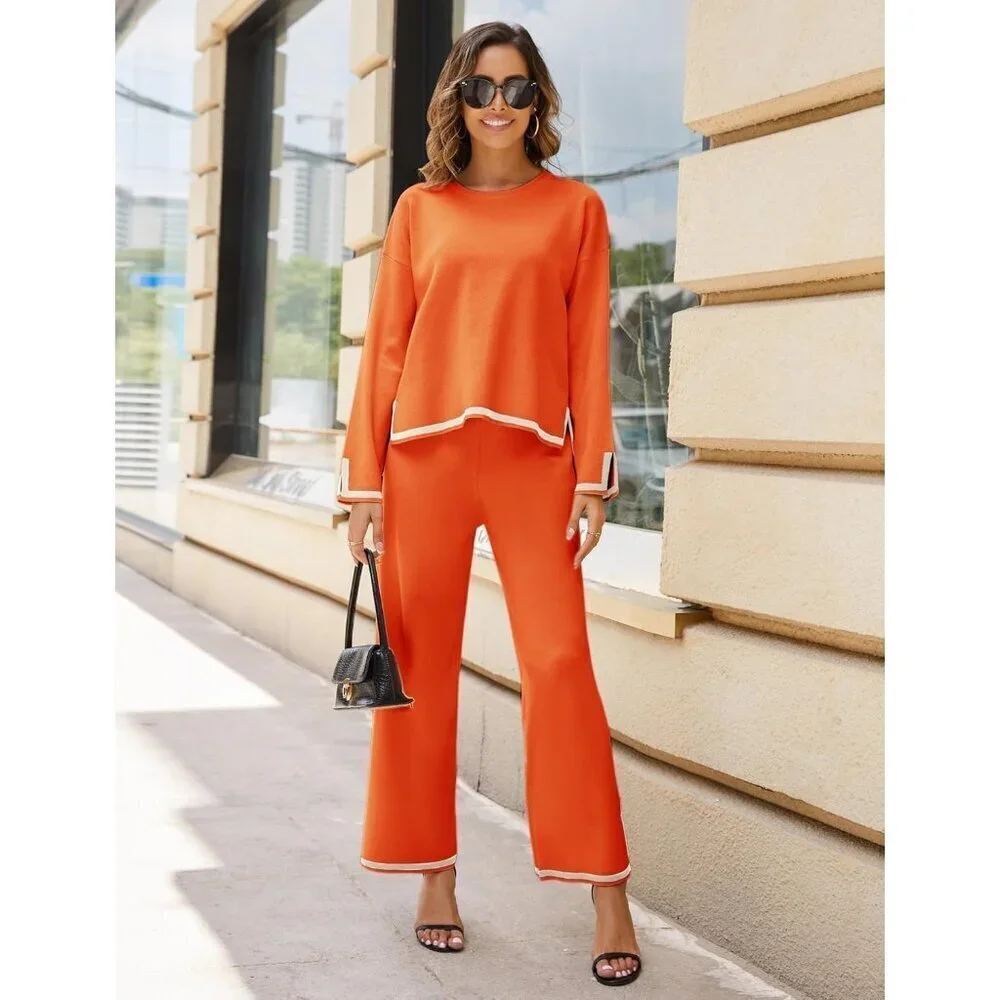 Women's Orange Long Sleeve Knit Sweater Top & Wide Leg Pants Lounge Set